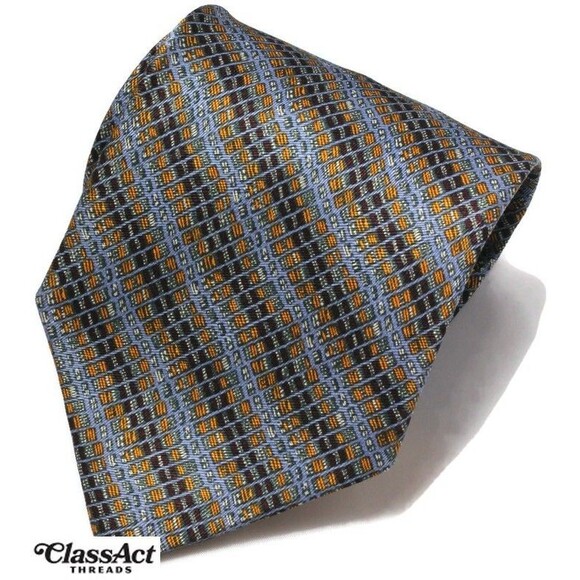 ZINC 100% Silk HAND MADE Necktie Tie Blue Brown Geo Metric 3.75" Wide - Picture 1 of 3
